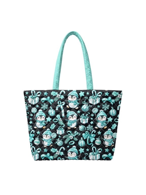 Turquoise Penguin Print Padded Shoulder Tote Bag, Zipper Closure Cute Winter Holiday Carryall for Christmas Shopping, Weekend Trips, Gift Giving and Daily Commute Use