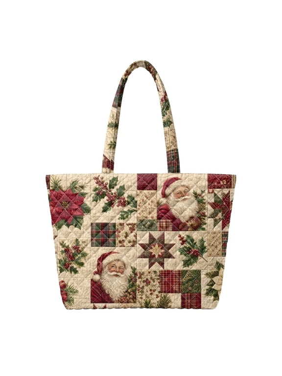 Vintage Santa Patchwork Padded Shoulder Tote, Secure Zipper Closure Quilted Handbag for Christmas Shopping, Holiday Travel, Gift Carrying and Daily Use