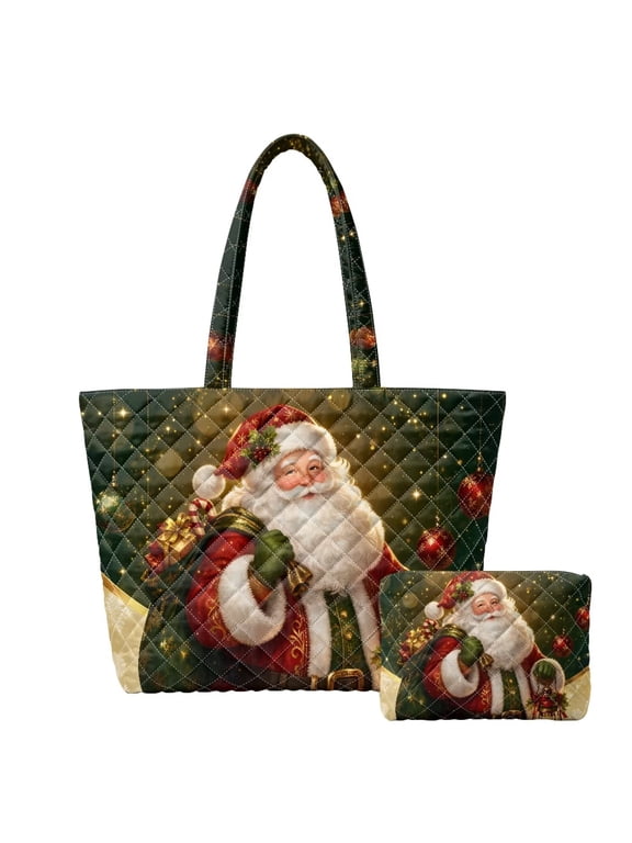 Vintage Santa Print Quilted Handbag Purse Set for Women, Zipper Closure Large Shoulder Tote with Matching Small Cosmetic Pouch for Christmas Holiday Daily Use
