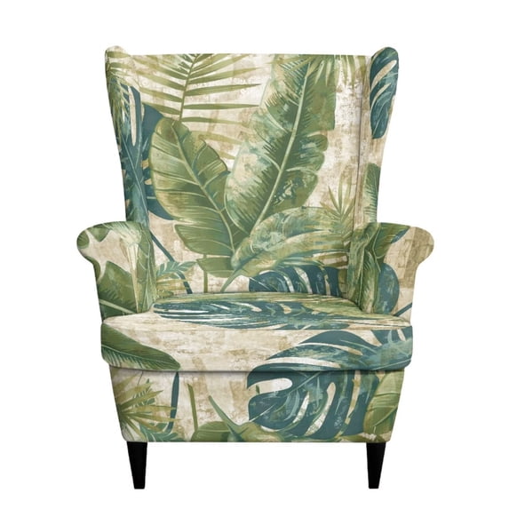 Aplkyhs Vintage Tropical Green Leaf Wingback Chair Slipcover 2-Piece Stretch Wing Chair Cover Washable Soft Fit Slipcover for Wingback Armchairs Non-Slip Furniture Protector for Living Room