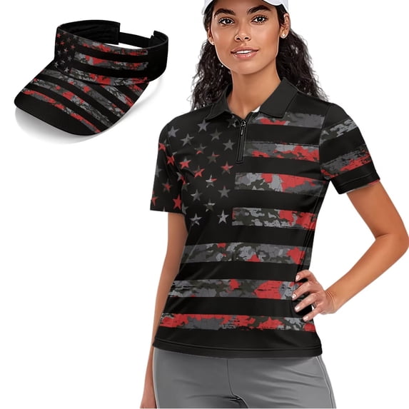 Aplkyhs Women's Golf Shirt and Sun Visor Hat Set Black American Flag Soft Comfortable Breathable Fabric Quick Dry Short Sleeve Collared Tank Adjustable UV Sun Hat for Golf Tennis