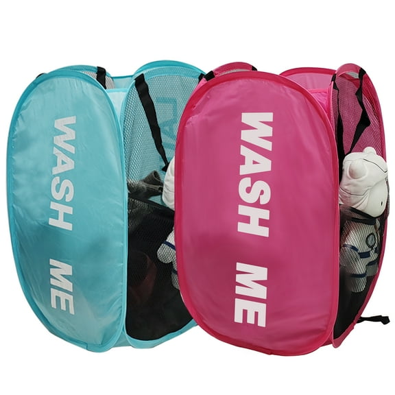 Aplter Collapsible Laundry Basket 2 Pack Mesh Pop Up Laundry Hamper with Handles, Foldable Dirty Clothes Basket for Kid's Room, College Dorm, RV, Travel (Pink   Sky Blue)