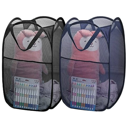 Aplter Pop Up Laundry Hamper Mesh Laundry Baskets with Side Pocket,Foldable Dirty Clothes Hamper for Cruise,Travel,College Dorms,(Black+Blue)