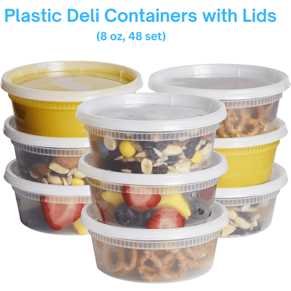 Clear Plastic Airtight Candy Food Storage Containers with Lids, Deli Soup Containers (8OZ, 48 SETS)