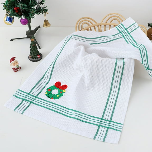 Apmemiss Christmas Embroidered Waffle Towels, Holiday Kitchen Dish Towels with Festive Prints, Absorbent Polyester Hand Towels for Bathroom Decor, 15x25 Inch