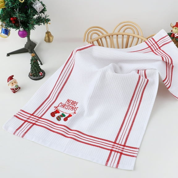 Apmemiss Christmas Embroidered Waffle Towels, Holiday Kitchen Dish Towels with Festive Prints, Absorbent Polyester Hand Towels for Bathroom Decor, 15x25 Inch