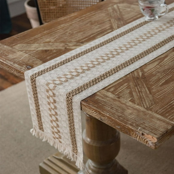 Apmemiss Clearance 12" x 72" Boho Linen Table Runner with Fringe, White/Brown