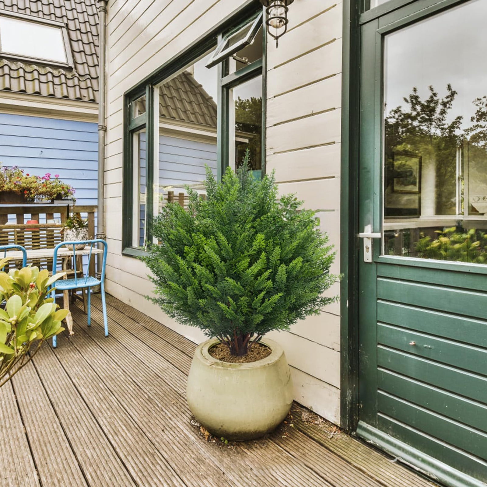 Apmemiss Clearance 23.6 Inch Artificial Cypress Topiary Tree, Outdoor Indoor Faux Boxwood Bush Plants, Fake Cedar Potted with Ground Spike for Home Front Porch Decor Outside Garden