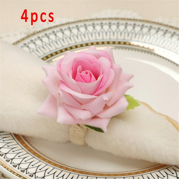Apmemiss Clearance 4 Pcs Artificial Rose Flower Napkin Rings, Red Silk Rose Flower Napkin Buckles Rings Faux Rose Flower Napkin Fake Floral Napkin Ring Holder for Home Kitchen Weddings Table Decor