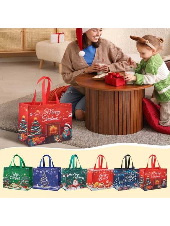 Clearance 6 Pack Christmas Gift Bags Large Reusable Christmas Tote Bags, Non-Woven Christmas Bags for New Year's Shopping, Christmas Surprise, Xmas Party Supplies,12.6"×9.8"×6.7"
