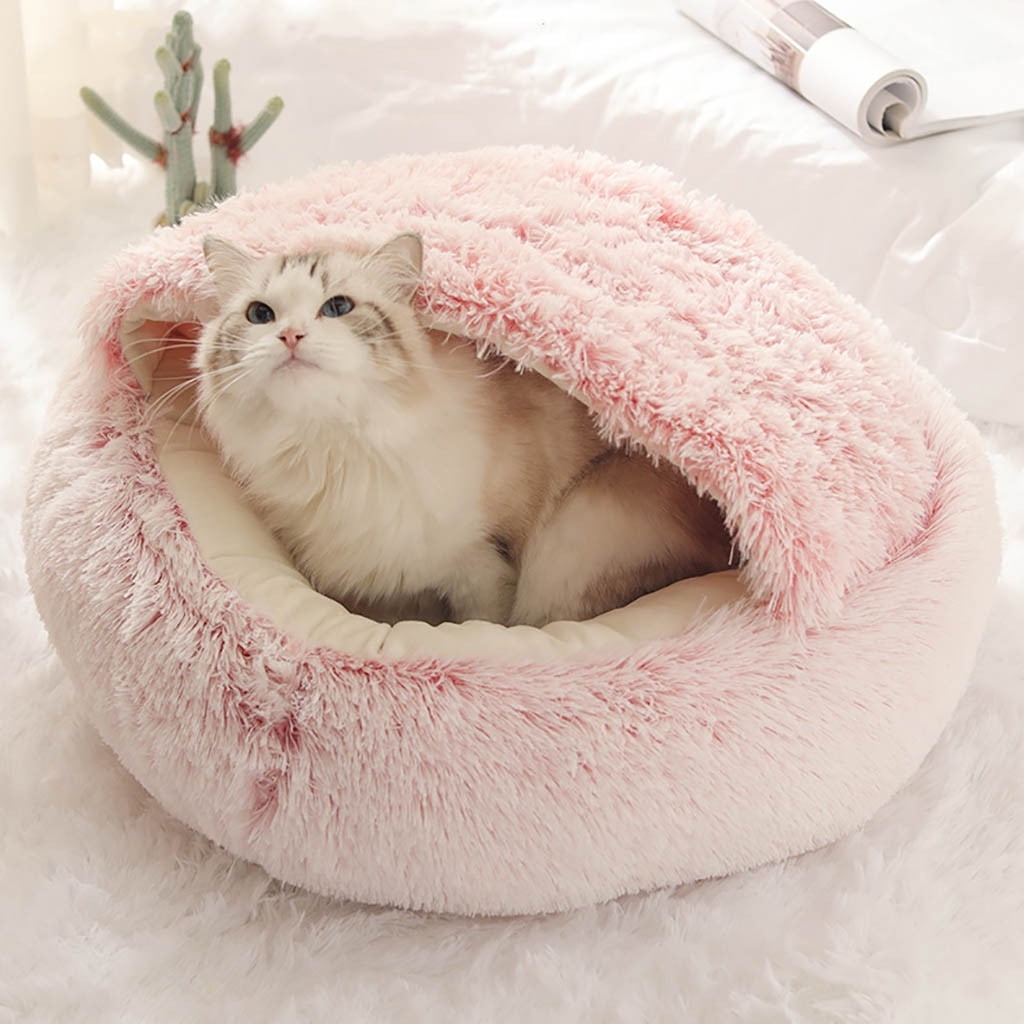 Apmemiss Clearance Cat Bed Round Plush Fluffy Hooded Cat Bed Cave, Cozy ...