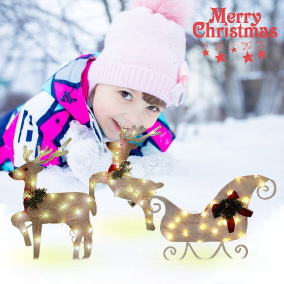 Apmemiss Clearance Christmas Lighted Reindeer & Santa’s Sleigh, Xmas Lighted Outdoor Yard Decoration LED Lights, Artificial Christmas Décor for Indoor & Outdoor