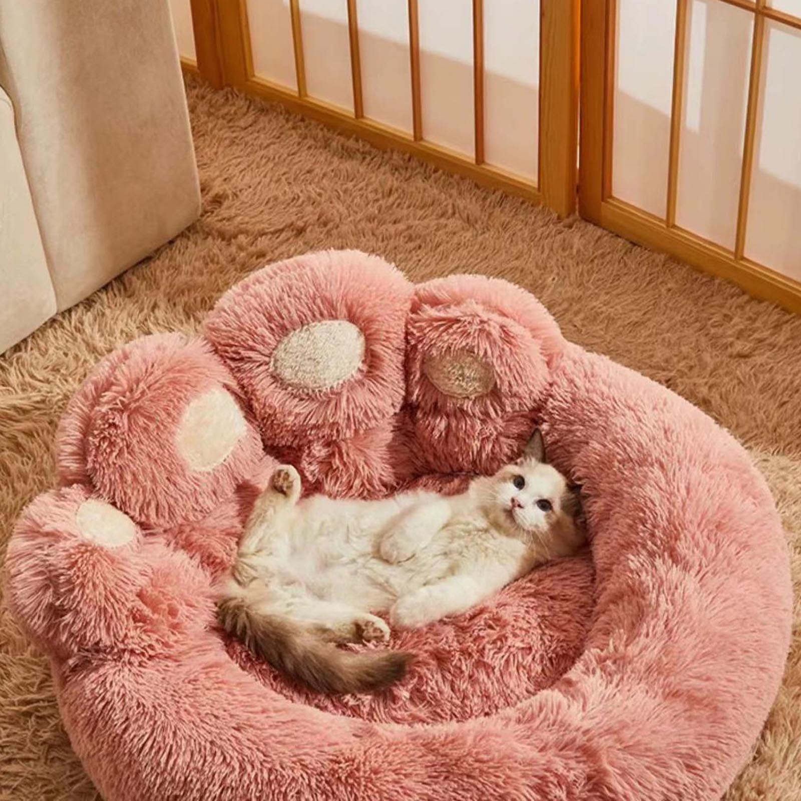 Apmemiss Paw Shaped Cozy Pet Bed for Dogs Cats Soft Faux Fur Washable Pink 23.6 Inch Walmart