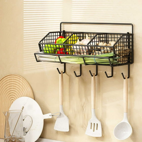 Apmemiss Clearance Metal Wire Farmhouse Wall Decor Storage Organizer Basket with 5 Hooks for Entryway, Hallway, Mudroom, Bedroom, Bathroom, Laundry Room - Wall Mount