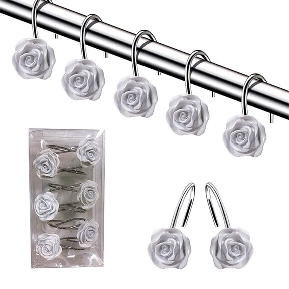 Apmemiss Clearance Shower Curtain Hooks, Home Decorative Rustproof Shower Curtain Hooks Resin Rose Flower Shower Hooks Rings for Bathroom Shower Rods Curtains,Set of 12 Hooks