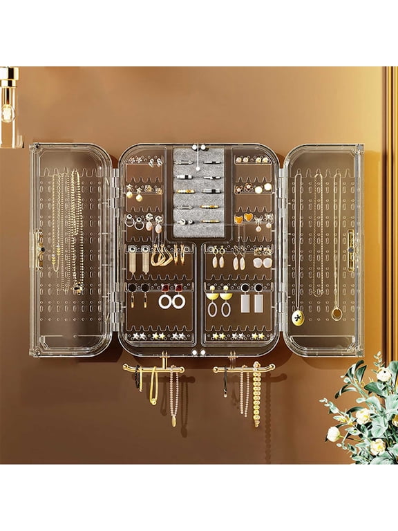 Clearance Wall Mounted Jewelry Organizer No Punching Transparent Necklace Storage Hanging Box Cabine Bedroom Earring Ring Holder Decor Display Rack Teen Birthday Gifts