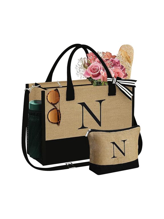 Clearance YOOLIFE Initials Jute Tote Bag and Cosmetic Bag Beach Tote Bag with Zipper Pocket Adjustable Strap Birthday Gift for Women Room Decor
