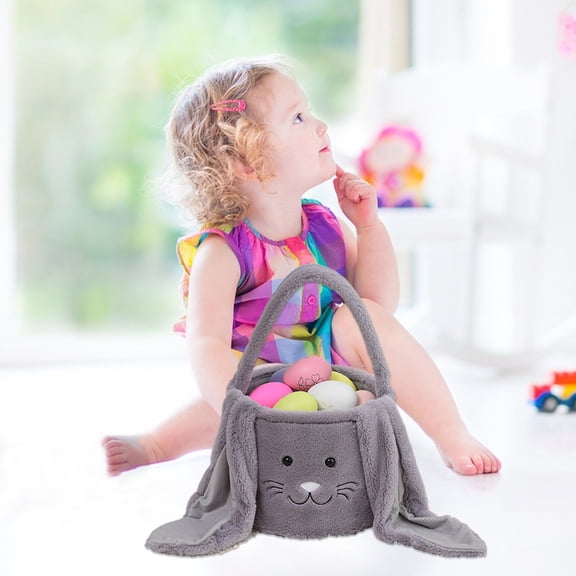 Apmemiss Easter Basket Stuffers Clearance Happy Easter Plush Bunny Long Ears Bags Easter Basket Rabbit Buckets Easter Tote Bags Children Gift Storage Handbag Easter Gifts for Kids, Gray