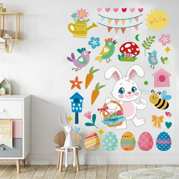 Apmemiss Happy Easter Wall Stickers Bunny Rabbit Wall Decals Peel and Stick Wall Art Decal Easter Egg Wall Decal Spring Flower Window Clings for Kids Room Nursery Living Room Kitchen Decor Gifts