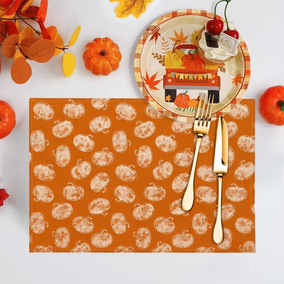 Apmemiss Linen Thanksgiving Placemat 18x12 Inch, Heat Resistant Table Mat for Holiday Dining, Absorbent Washable Fall Table Decor, Orange Harvest Themed Kitchen Accessory