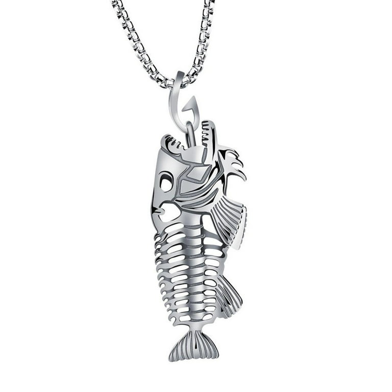 Apmemiss Wholesale Fish Bone & Fishing Hook Skeleton Stainless Steel Pendant  Surfer Chain Necklace 