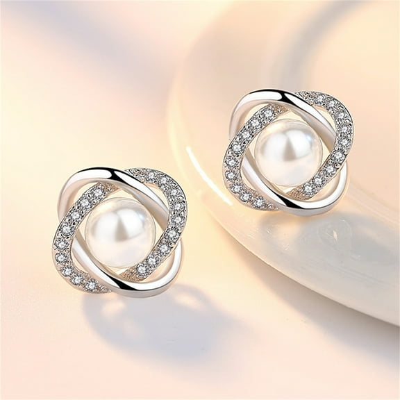Apmemiss Women's Pearl Stud Earrings Silver Plated Earrings Ear Clips Fashion Earrings