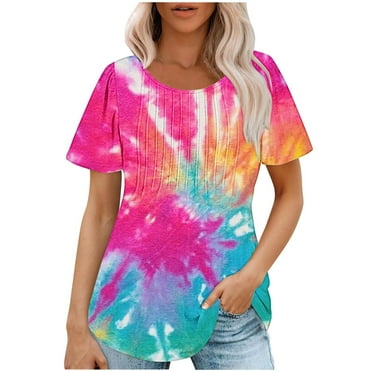 Apmemiss Womens Tops Summer Clearance Clothes Womens T Shirts Short Sleeve Pleated Casual Scooped Neck Summer Tops Blouses on Sale and Clearance