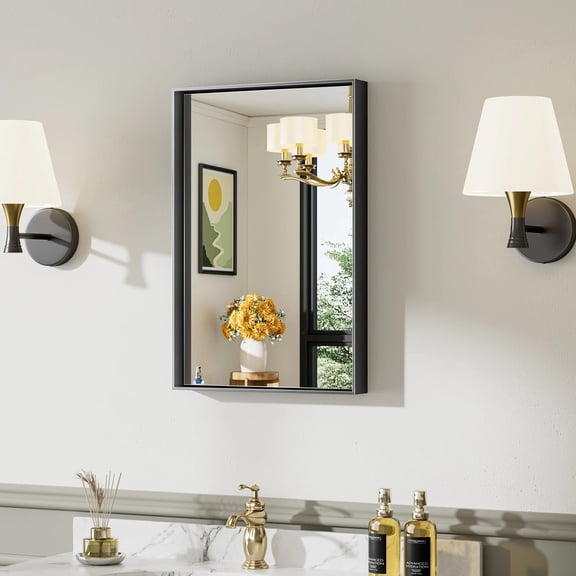 GODCHAR 24"x 16" Bathroom Vanity Mirror Rectangular Metal Frame French Cleat Mounted Wall Mirror Tempered Glass
