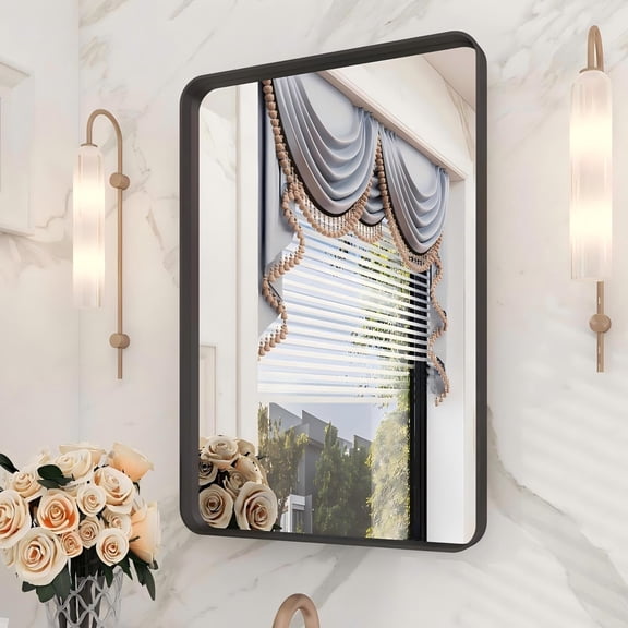 GODCHAR 16"x24" Full Size Bathroom Mirror Wall Mounted Metal Framed Vanity Mirror for Bathroom, Black