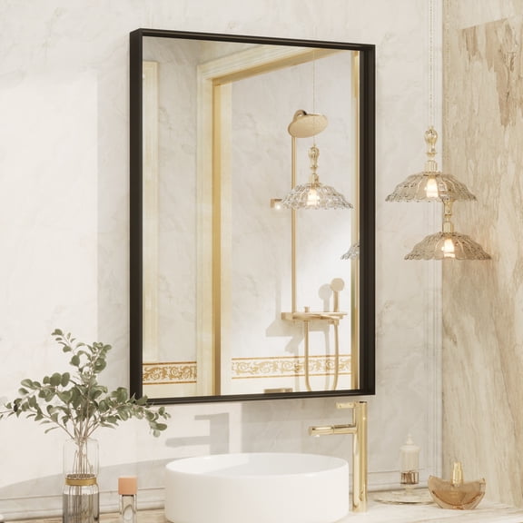 GODCHAR 28"x 20" Bathroom Vanity Mirror Rectangular Metal Frame French Cleat Mounted Wall Mirror Tempered Glass