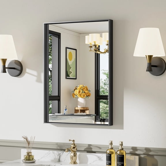 GODCHAR 28"x 20" Bathroom Vanity Mirror Rectangular Metal Frame French Cleat Mounted Wall Mirror Tempered Glass