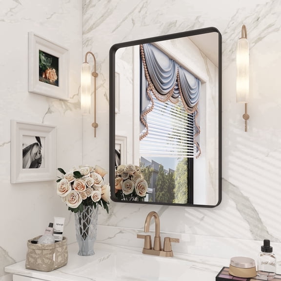 GODCHAR 28"x20" Shatterproof Bathroom Mirror Wall Mounted Metal Framed Vanity Mirror for Bathroom, Black