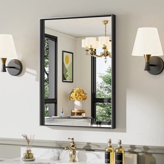 GODCHAR 30"x 22" Bathroom Vanity Mirror Rectangular Metal Frame French Cleat Mounted Wall Mirror Tempered Glass