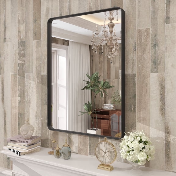 GODCHAR 30"x22" Shatterproof Bathroom Mirror Wall Mounted Metal Framed Vanity Mirror for Bathroom, Black