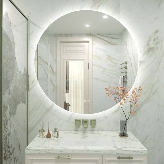 32 Inch Backlit Round LED Wall Mirror, Frameless LED Anti-Fog Bathroom Vanity Mirror, Dimmable 3 Colors, Memory Function
