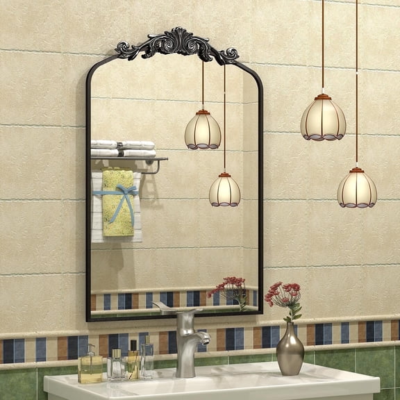 GODCHAR 20"x32" Decorative Mirror Baroque Arched Vintage Bathroom Wall Mirror