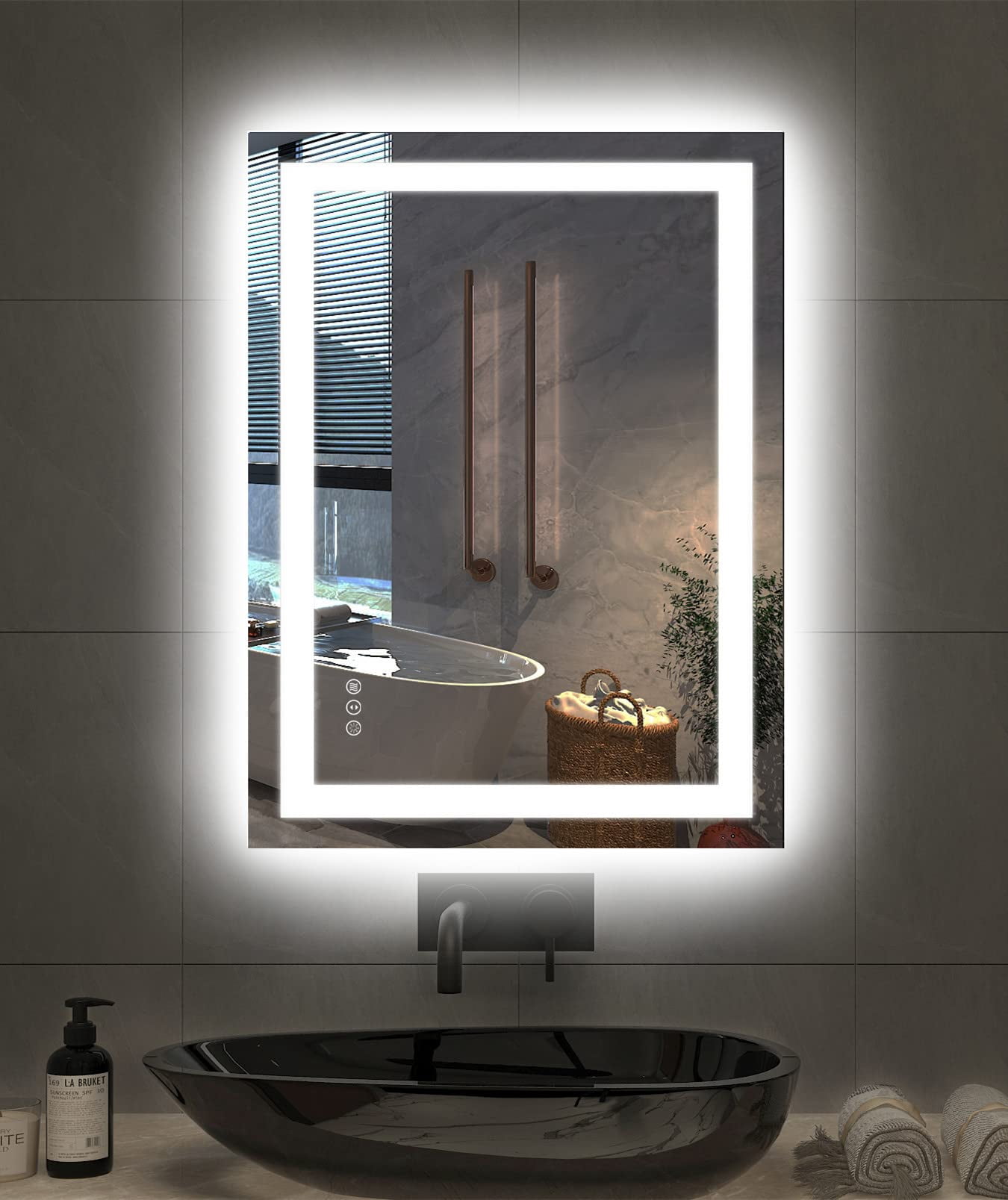 Extra Large Black Framed Front & Back LED Lighted Anti-Fog Wall Bathroom Vanity Mirror in Tempered Glass 32 x 24 inch