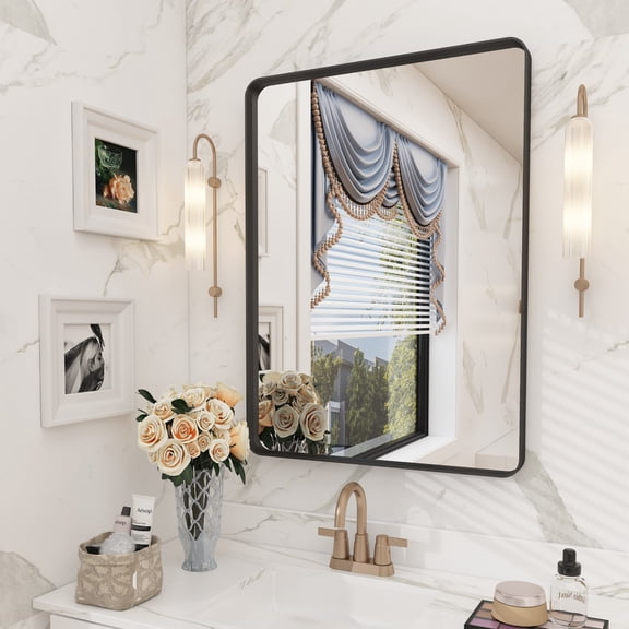 GODCHAR 32"x24" Multiple Sizes Metal Framed Bathroom Mirror Tempered Glass Anti-Rust Black