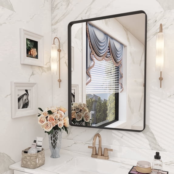 GODCHAR 32"x24" Shatterproof Bathroom Mirror Wall Mounted Metal Framed Vanity Mirror for Bathroom, Black