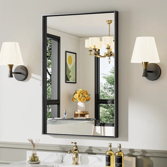 GODCHAR 36"x 24" Bathroom Vanity Mirror Rectangular Metal Frame French Cleat Mounted Wall Mirror Tempered Glass