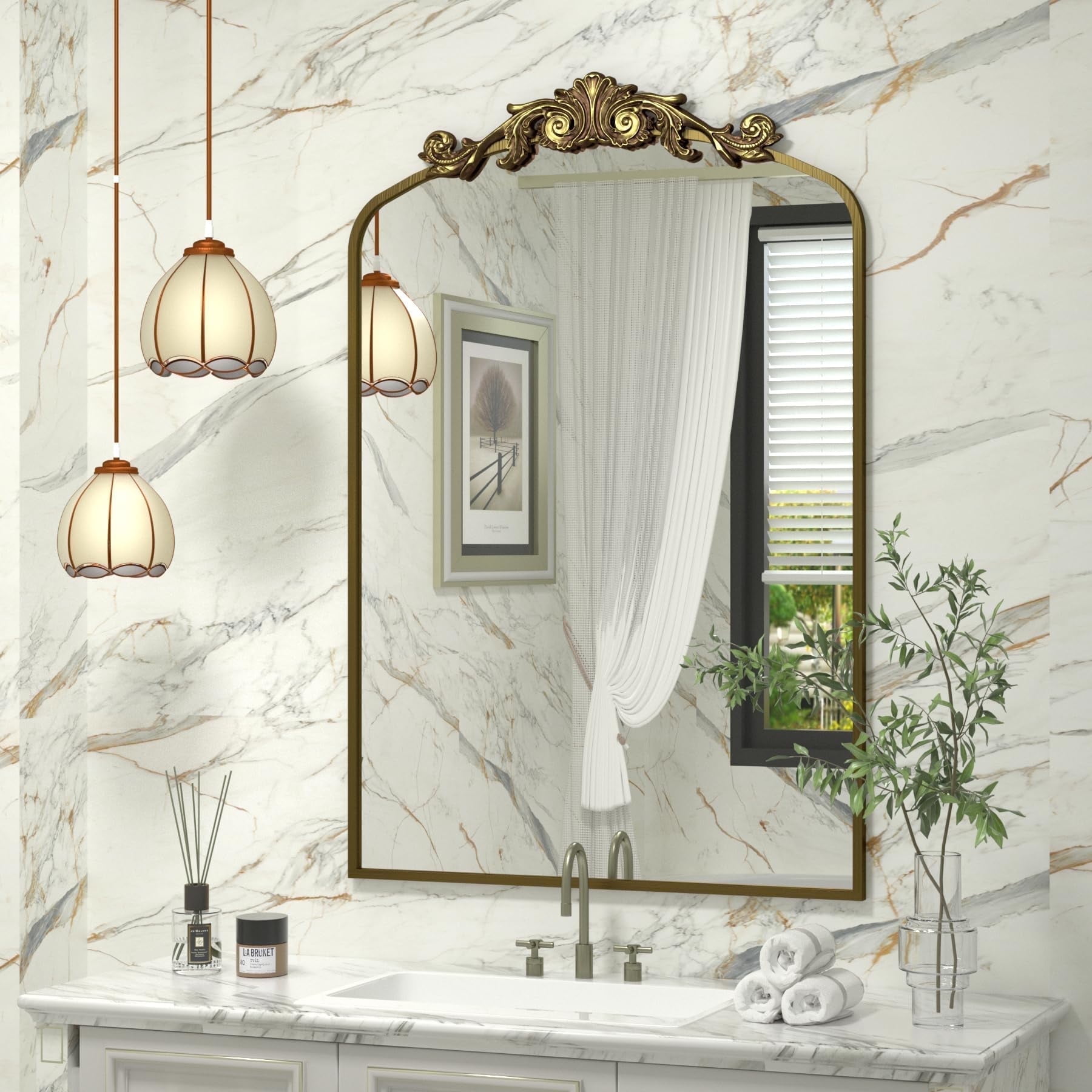 Apmir 36x24 Inch Baroque Arched Wall Mirror Metal Framed Vintage ...