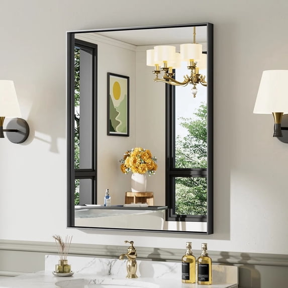 GODCHAR 36"x 28" Bathroom Vanity Mirror Rectangular Metal Frame French Cleat Mounted Wall Mirror Tempered Glass