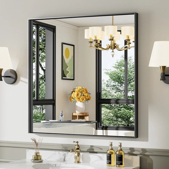 GODCHAR 36"x 36" Bathroom Vanity Mirror Rectangular Metal Frame French Cleat Mounted Wall Mirror Tempered Glass