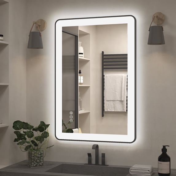 GODCHAR 36x24 inch Black Framed Bathroom Mirror with Front&Backlit, AntiFog Wall Mirror with 3 Color Dimmable, Memory and Tempered Glass