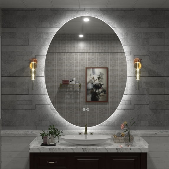 GODCHAR 36x28 Oval LED Wall Mirror with Backlit, Frameless Anti Fog LED Bathroom Vanity Mirror,Dimmable 3 Colors, Memory Function