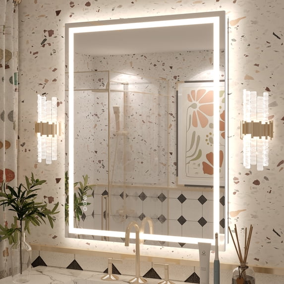 Apmir 36"x28" UL Listed LED Bathroom Mirror, Front and Backlit, Anti-Fog, 3 Color Temperature, Dimmable