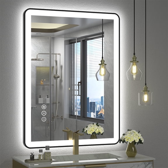 GODCHAR 36x28 inch Black Framed Bathroom Mirror with Front&Backlit, AntiFog Wall Mirror with 3 Color Dimmable, Memory and Tempered Glass