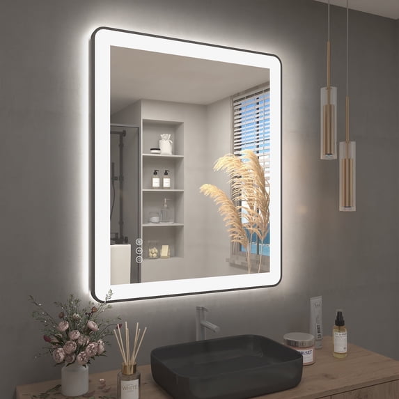 GODCHAR 36x30 inch Black Framed Bathroom Mirror with Front&Backlit, AntiFog Wall Mirror with 3 Color Dimmable, Memory and Tempered Glass