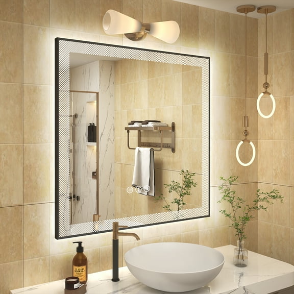 Apmir 36x36 Super Bright Front and Back LED Lighted Anti-Fog Wall Bathroom Vanity Mirror in Tempered Glass & ETL