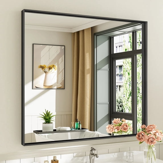 GODCHAR 40"x 36" Bathroom Vanity Mirror Rectangular Metal Frame French Cleat Mounted Wall Mirror Tempered Glass